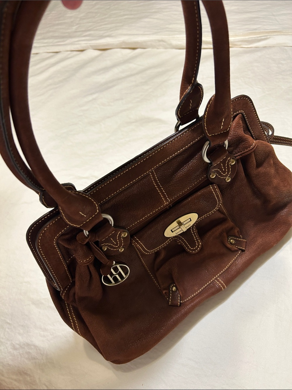 Brown Leather Shoulder Bag with Turn-Lock Accent